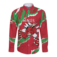 Red long sleeve button shirt with Wales text and Welsh dragon graphic