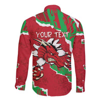 Red long sleeve button shirt with "YOUR TEXT" and Welsh dragon graphic on back
