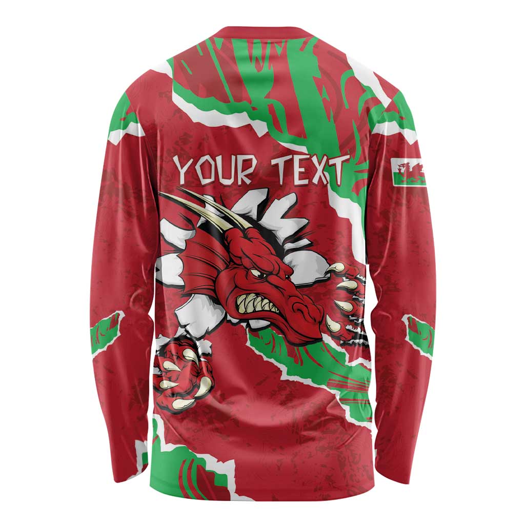 Red long-sleeve shirt with dragon graphic, Wales pattern, and YOUR TEXT area
