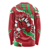 Red long-sleeve shirt with dragon graphic, Wales pattern, and YOUR TEXT area