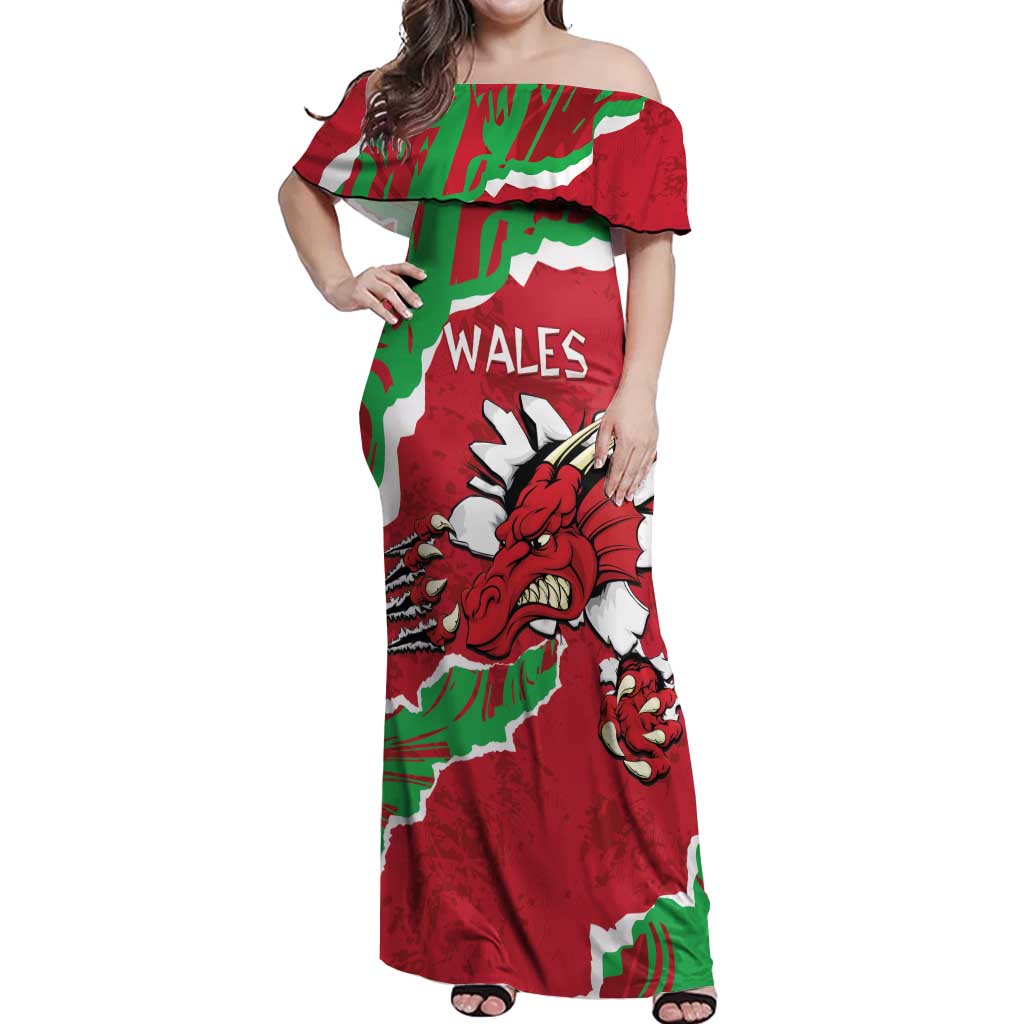 Personalised Wales Off Shoulder Maxi Dress Welsh Dragon - Wonder Print Shop