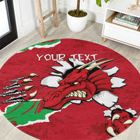 Round red rug with Welsh dragon graphic and customizable text, green white accents
