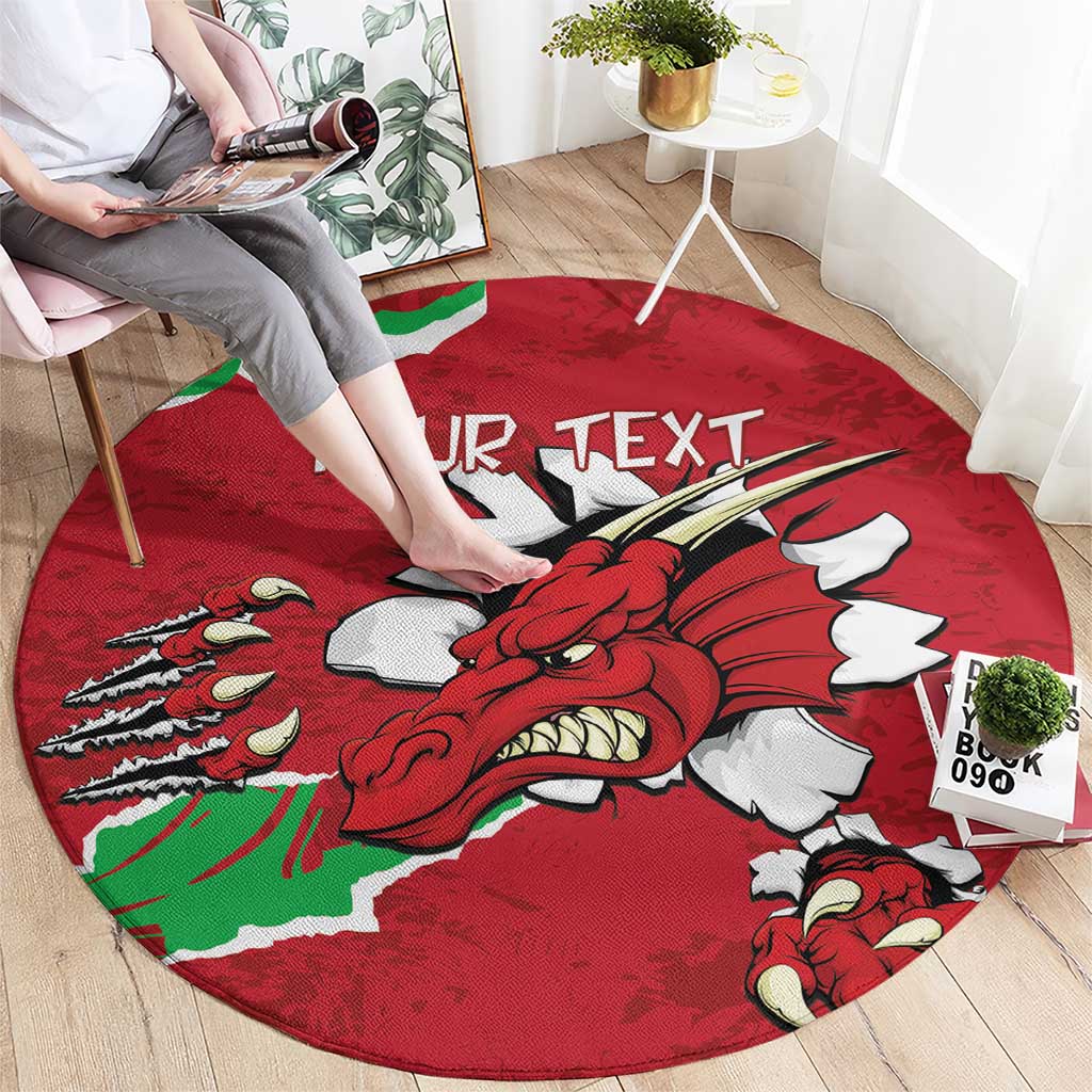 Round red rug with Welsh dragon graphic and “YOUR TEXT” placeholder lettering