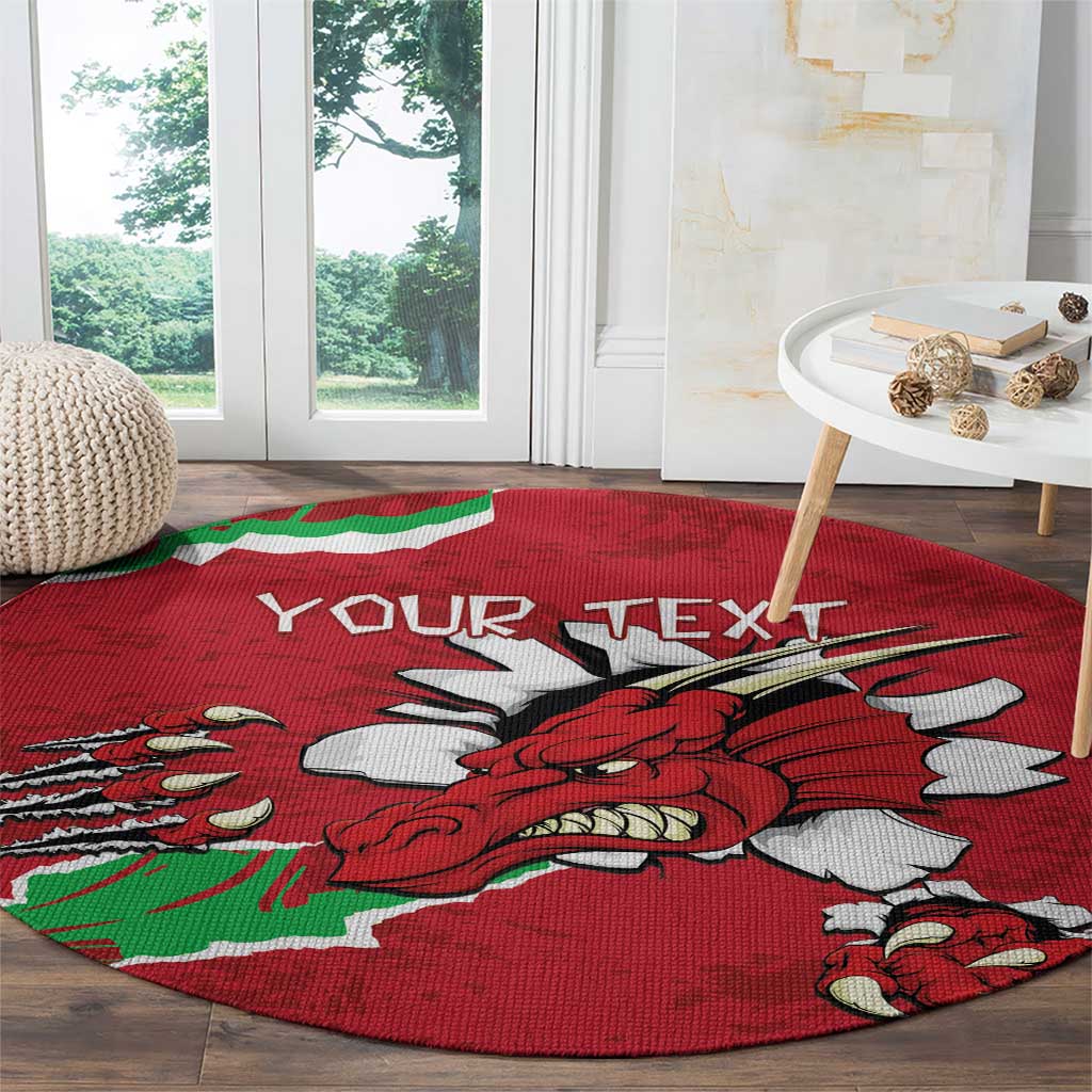 Round red rug with Welsh dragon and large “YOUR TEXT” lettering, green white pattern