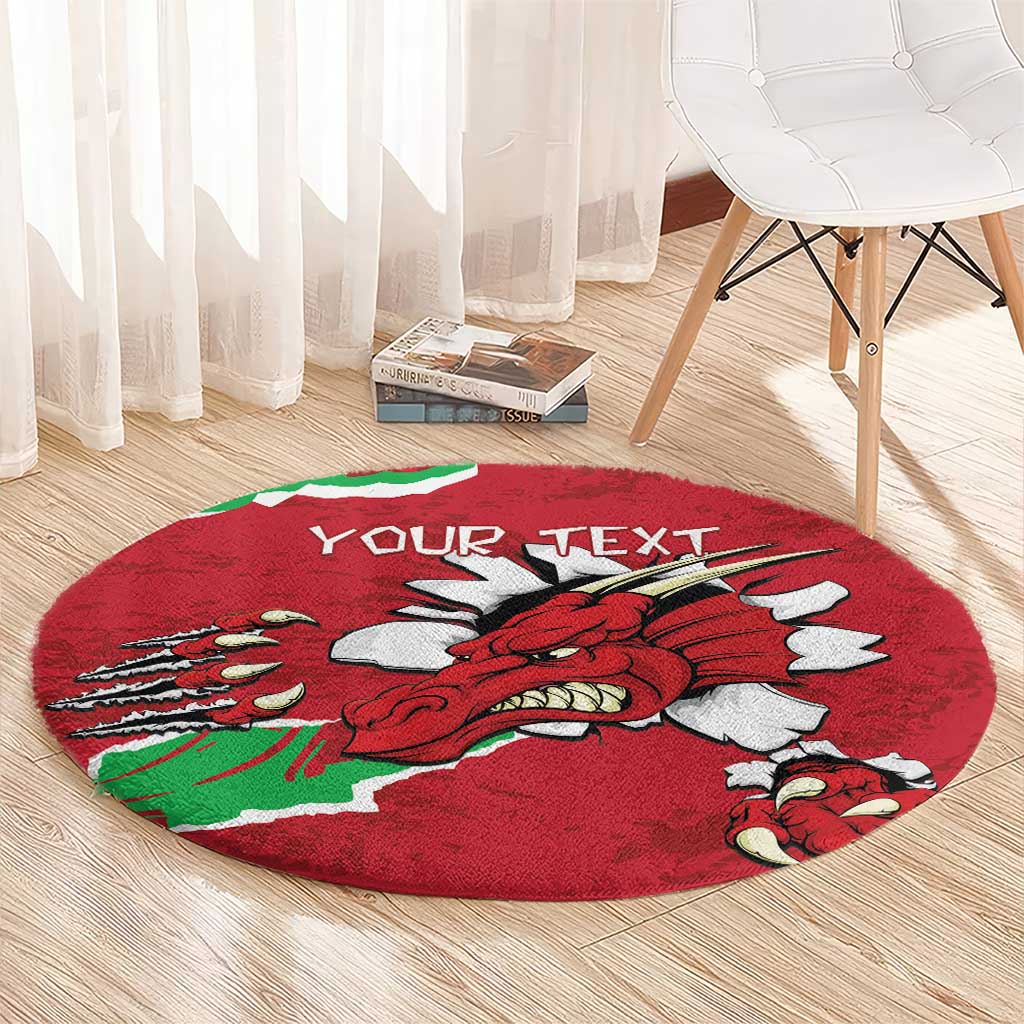Round red rug with Welsh dragon graphic and “YOUR TEXT” lettering in center