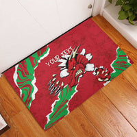Red rubber doormat with Welsh dragon and "Your Text" on a Wales map-style design