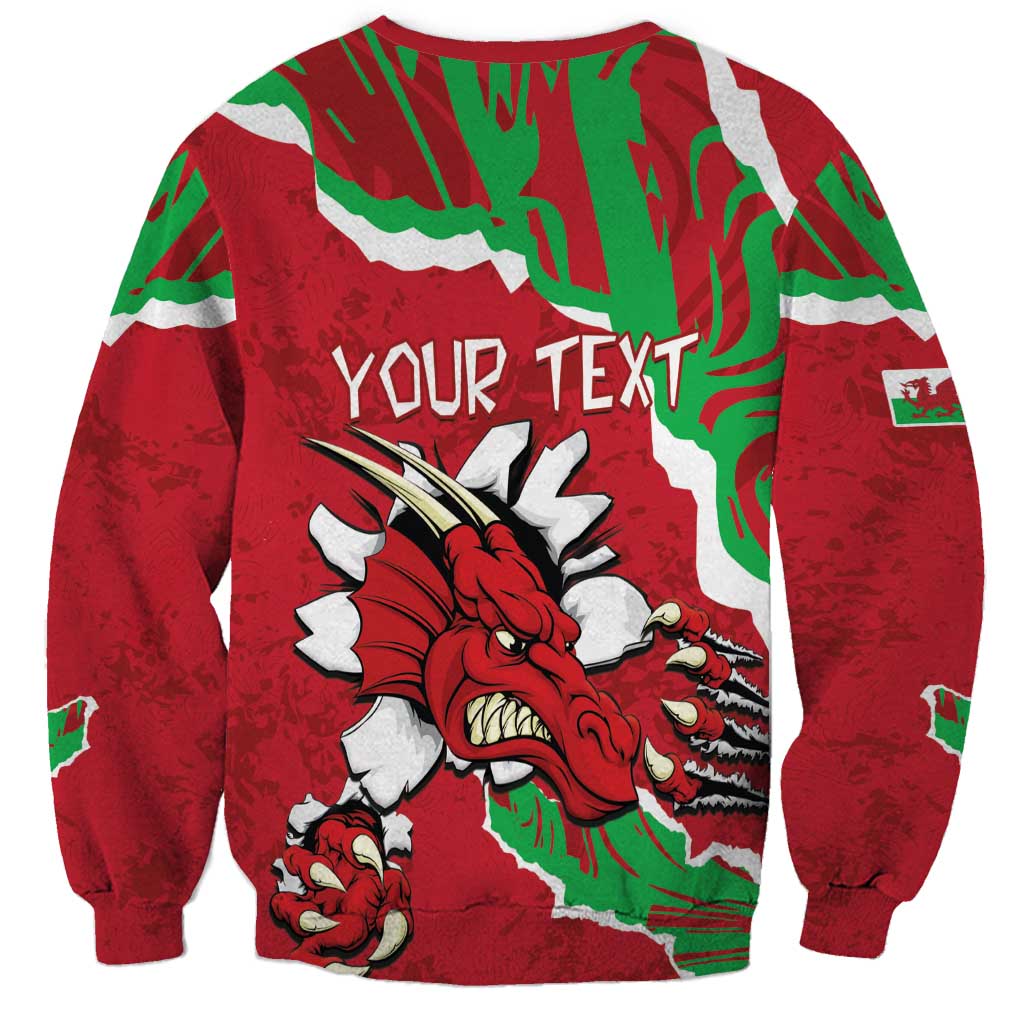 Red sweatshirt with Welsh dragon graphic and custom 'YOUR TEXT' front print