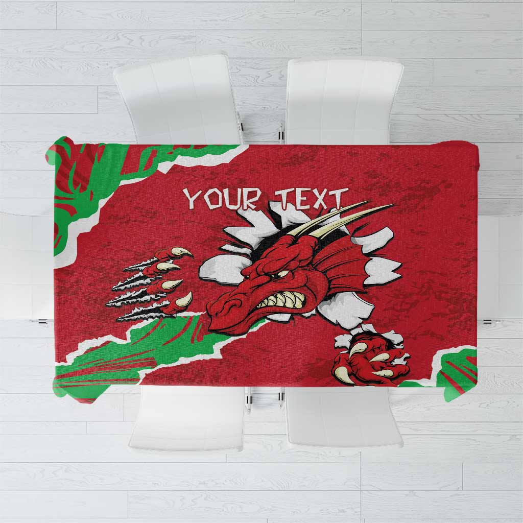Personalized Wales tablecloth in red with green dragon graphic and “Your Text” area