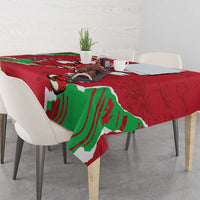 Personalized Wales tablecloth, red with green dragon and dark wing detailing over table