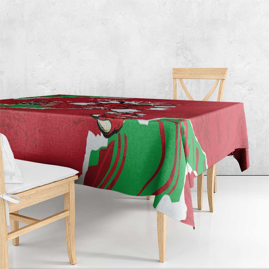 Red personalized Wales tablecloth with green dragon motif and decorative border
