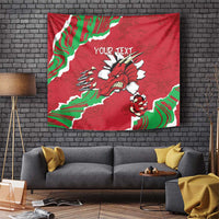 Red Welsh dragon tapestry with green and white design and customizable text