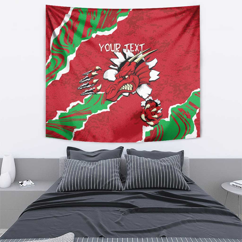 Red Welsh dragon tapestry with green wave accents and customizable text
