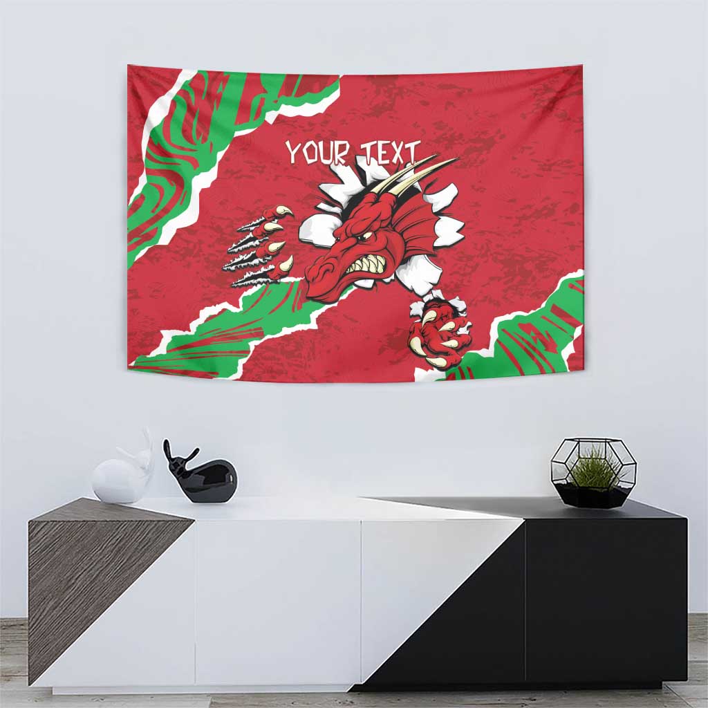 Red Welsh dragon tapestry featuring a snarling dragon and customizable text