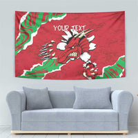 Red Welsh dragon tapestry with green and white crest design and customizable text