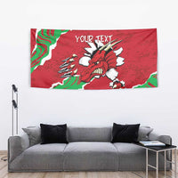 Red Welsh dragon wall tapestry with green ribbon waves and customizable text