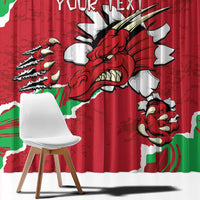 Close-up red curtain panel with large Welsh dragon print and “YOUR TEXT” at top