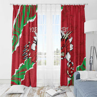 Red window curtain pair with Welsh dragon artwork and “YOUR TEXT” and “TEXT” centered