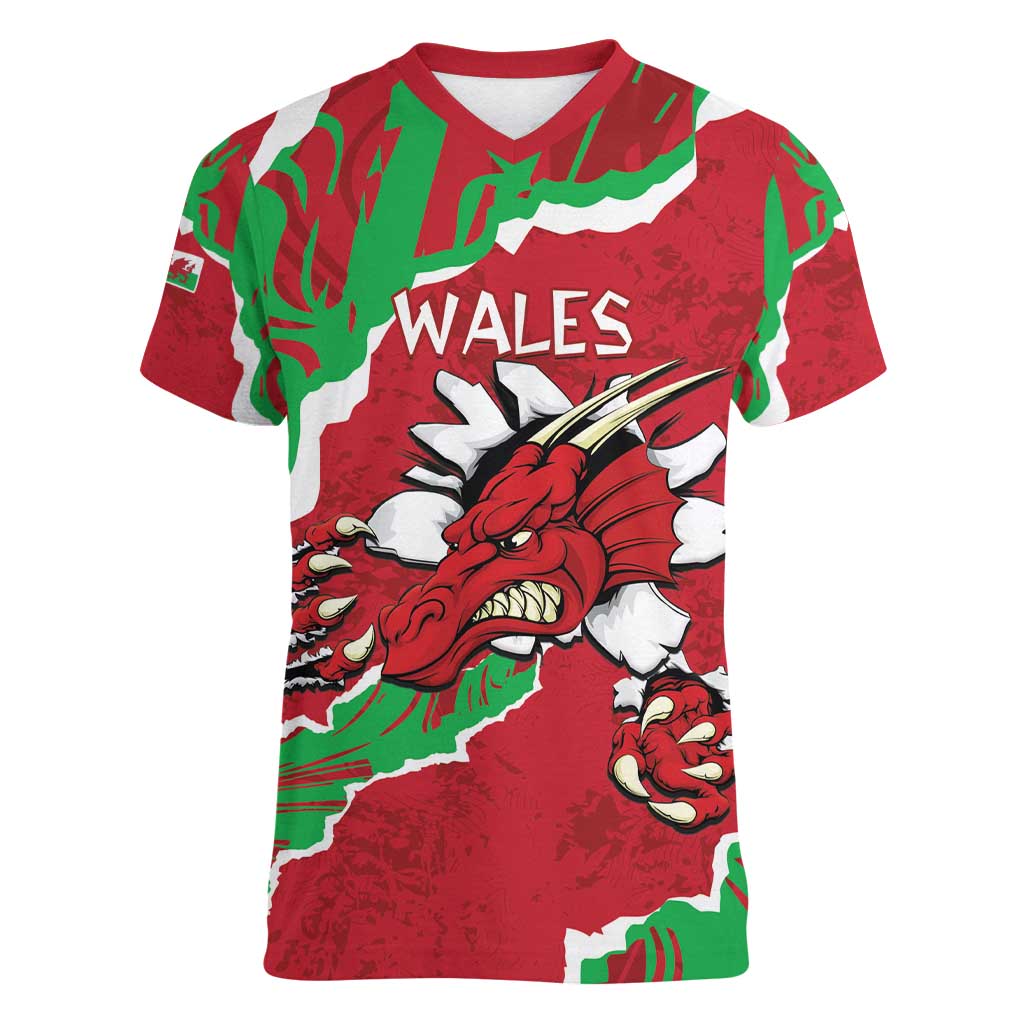 Personalised Wales Women V-Neck T-Shirt Welsh Dragon