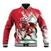 Red baseball varsity jacket with Welsh dragon mascot front graphic and striped ribbed collar