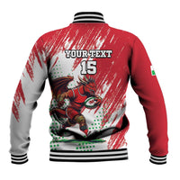 Red baseball varsity jacket with back dragon mascot graphic and custom text on striped ribbed hem