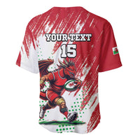 Red and white baseball jersey back with YOUR TEXT, number 15, dragon graphic