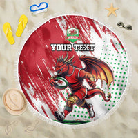 Red round beach blanket with white fringe, Wales dragon print and 'YOUR TEXT'