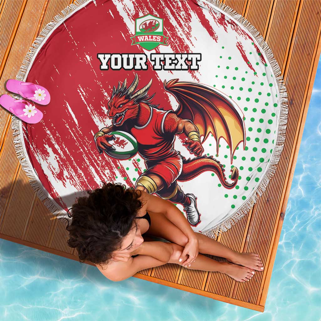 Round red beach blanket with white fringe, Wales dragon mascot and green dot pattern