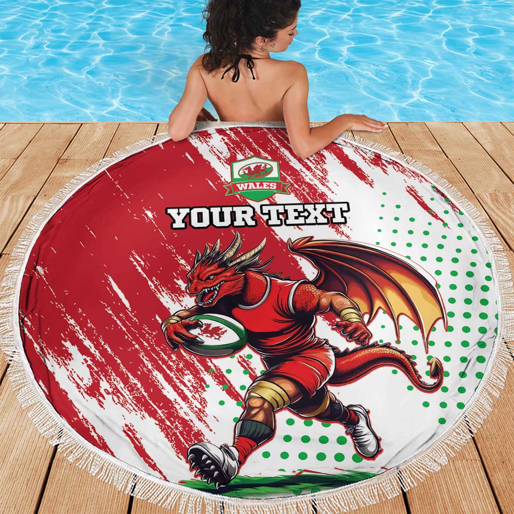 Red round fringed beach blanket featuring Wales dragon mascot and 'YOUR TEXT' design