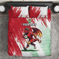 Red and white duvet cover set with Welsh dragon mascot graphic and custom text on pillows