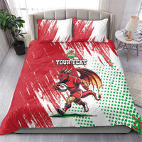 Red and white bedding duvet and pillow set with Welsh dragon mascot, custom text, and dots