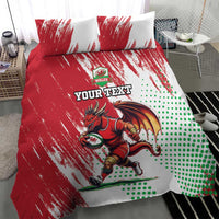 Red and white Welsh dragon bedding set with custom text, duvet front and two matching pillows