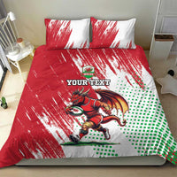 Red and white duvet cover with Welsh dragon mascot artwork and custom text on two pillows