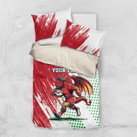 Red and white bedding set with Welsh dragon mascot graphic, custom text, and matching pillowcases