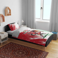 Red and white Welsh dragon duvet set with custom text, shown on bed with two pillows