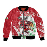 Red bomber jacket with zip front, dragon mascot and 'CYMRU' print, Wales sleeve patch