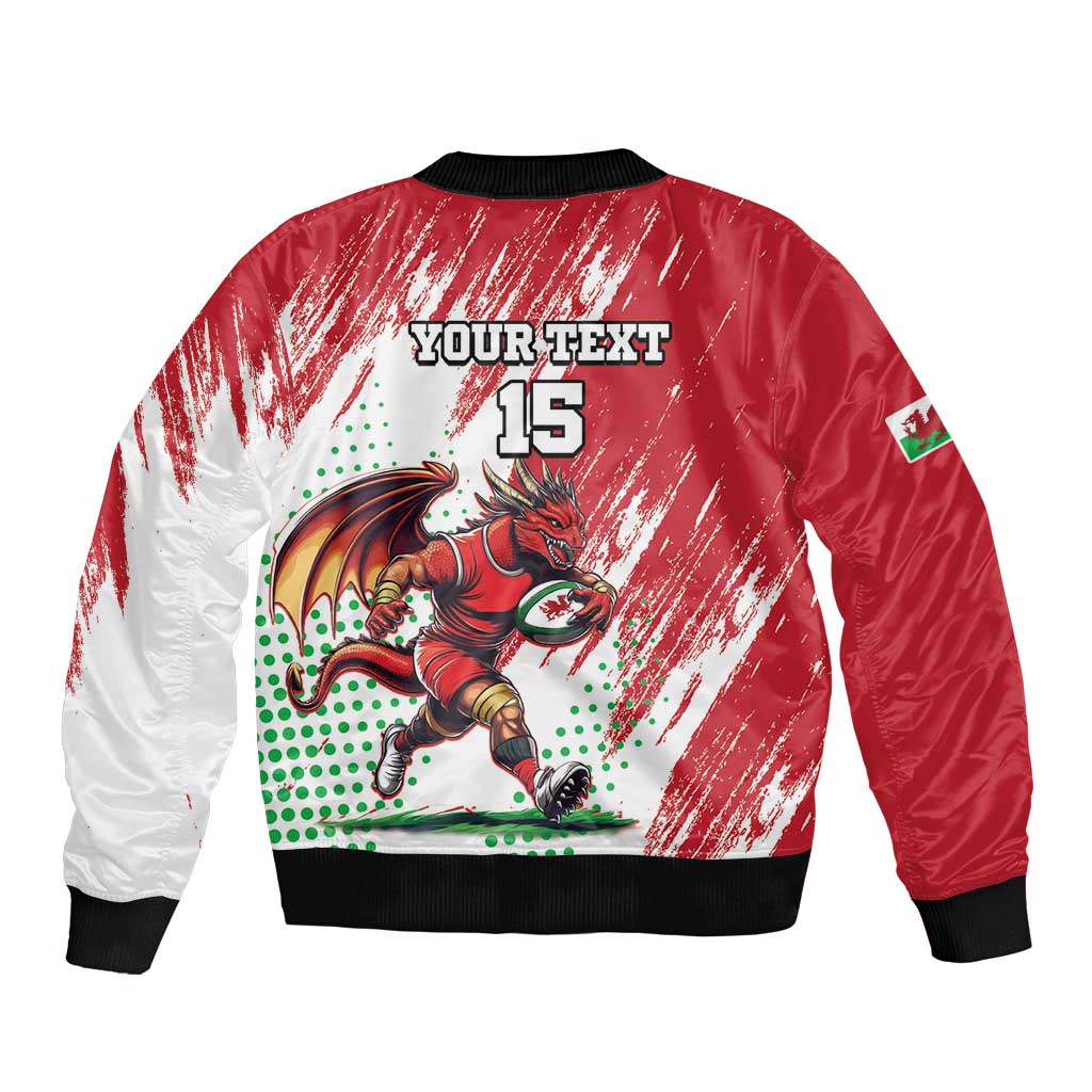 Red bomber jacket with dragon mascot graphic, 'YOUR TEXT' and 15, black rib trim
