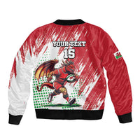 Red bomber jacket with dragon mascot graphic, 'YOUR TEXT' and 15, black rib trim