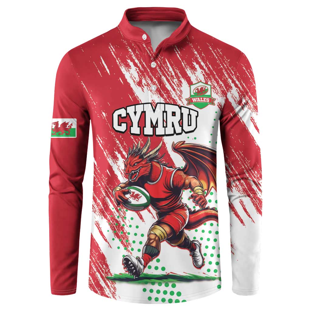 Red button-up sweatshirt with Welsh dragon mascot graphic and long sleeves