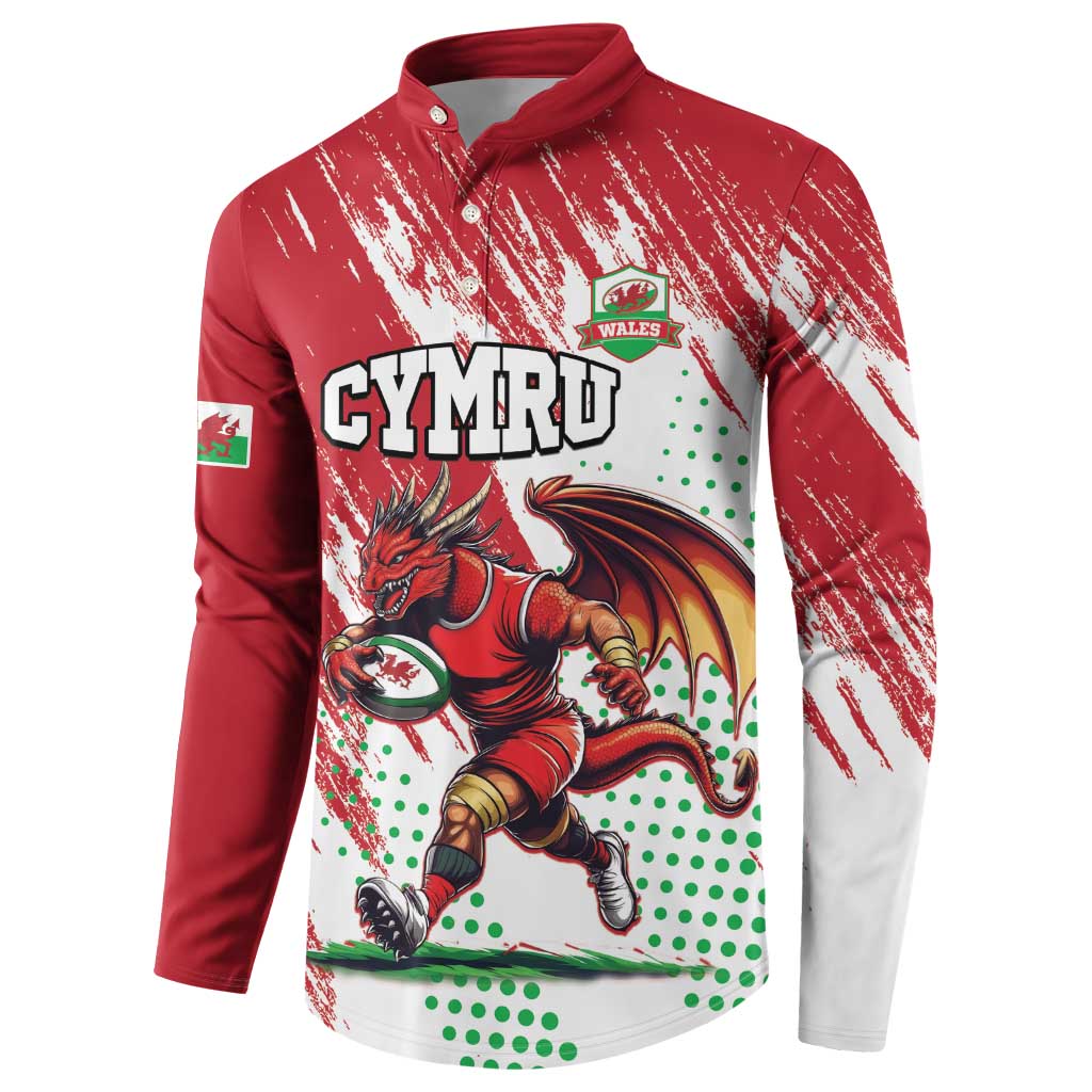 Red button-up sweatshirt front with CYMRU text and dragon mascot graphic