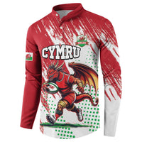 Red button-up sweatshirt front with CYMRU text and dragon mascot graphic