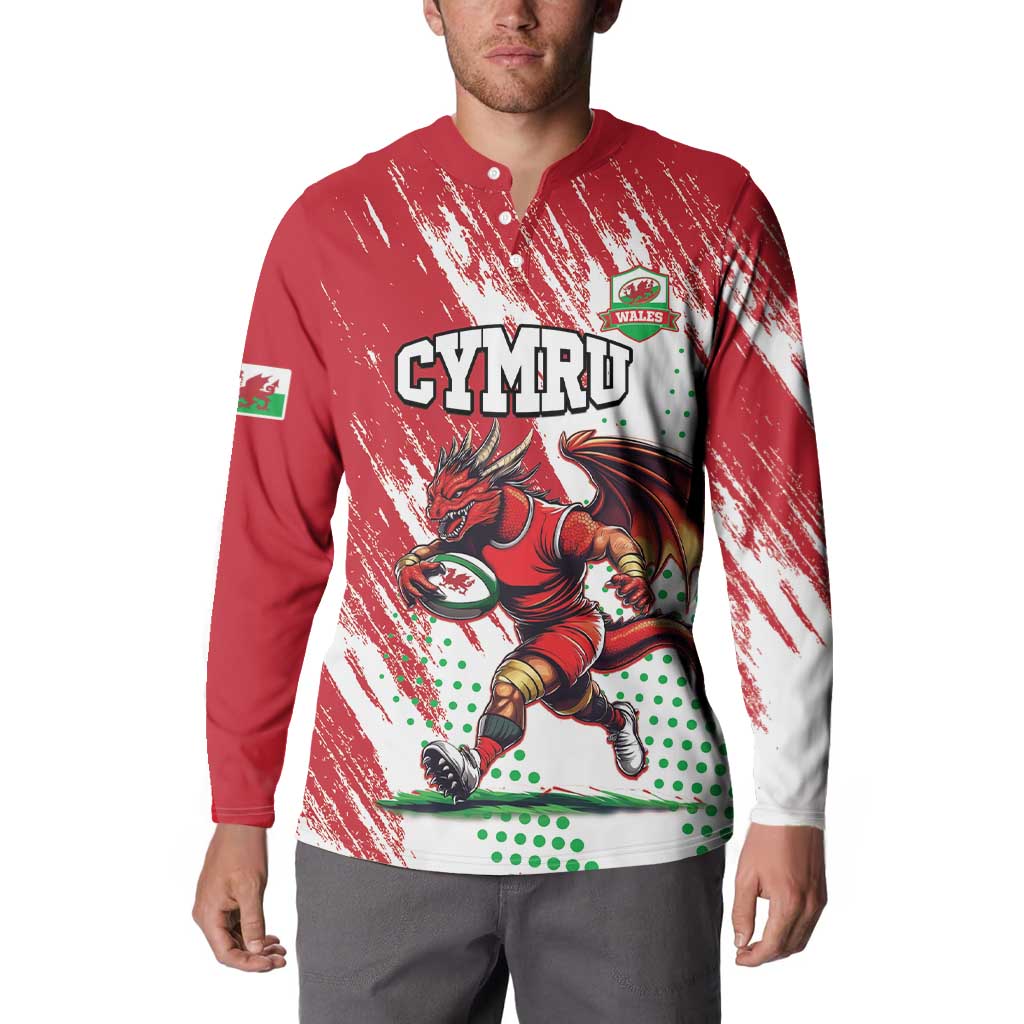 Red button-up sweatshirt with CYMRU dragon mascot print, long sleeves