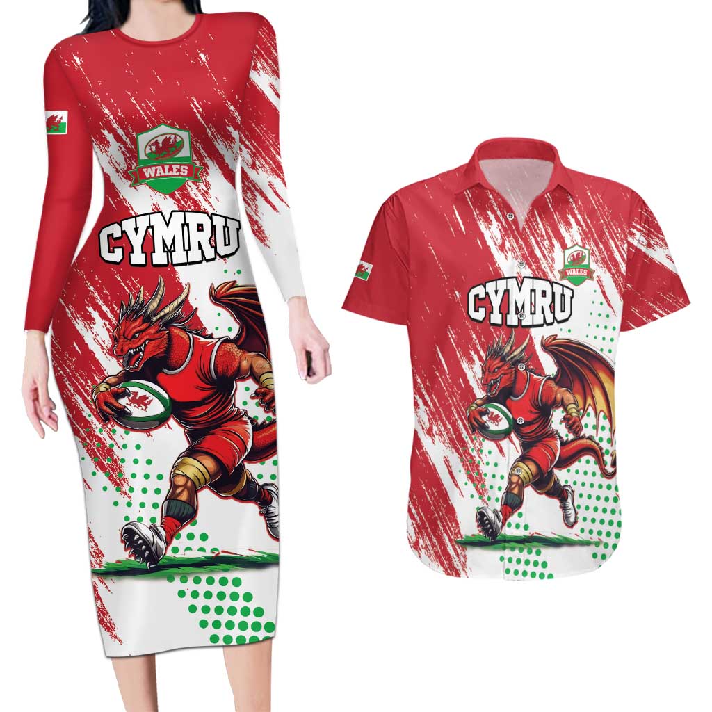 Wales Rugby Custom Couples Matching Long Sleeve Bodycon Dress and Hawaiian Shirt Welsh Dragon Mascot - Wonder Print Shop