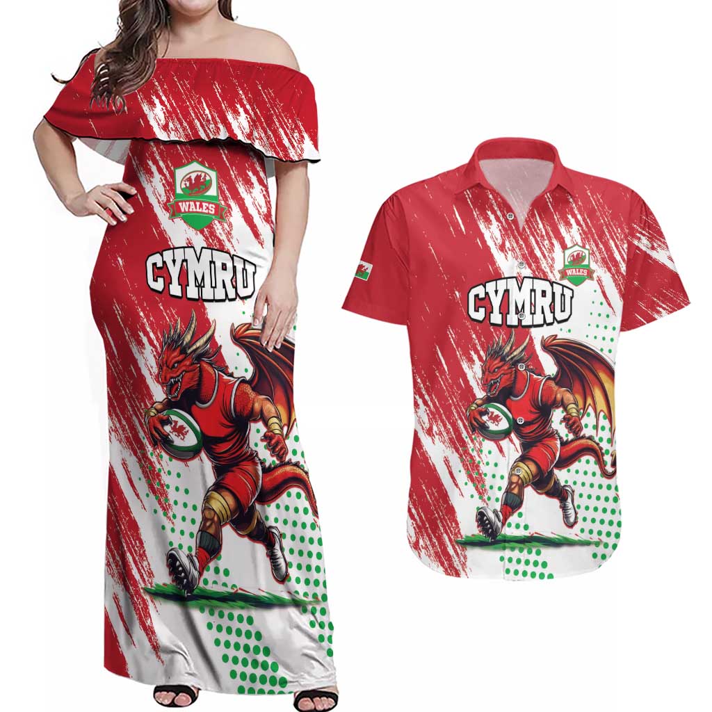 Wales Rugby Custom Couples Matching Off Shoulder Maxi Dress and Hawaiian Shirt Welsh Dragon Mascot - Wonder Print Shop