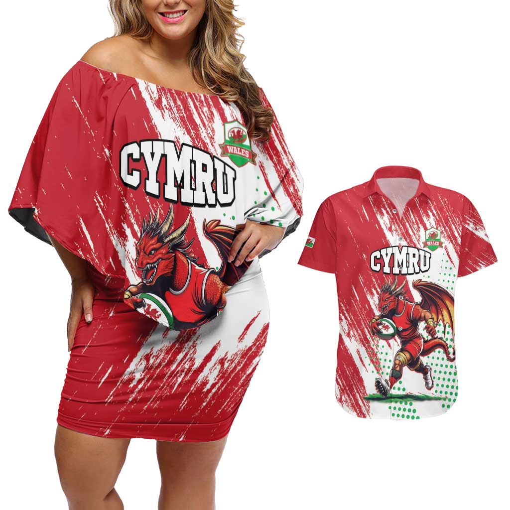 Wales Rugby Custom Couples Matching Off Shoulder Short Dress and Hawaiian Shirt Welsh Dragon Mascot - Wonder Print Shop