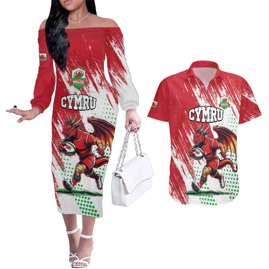 Wales Rugby Custom Couples Matching Off The Shoulder Long Sleeve Dress and Hawaiian Shirt Welsh Dragon Mascot - Wonder Print Shop