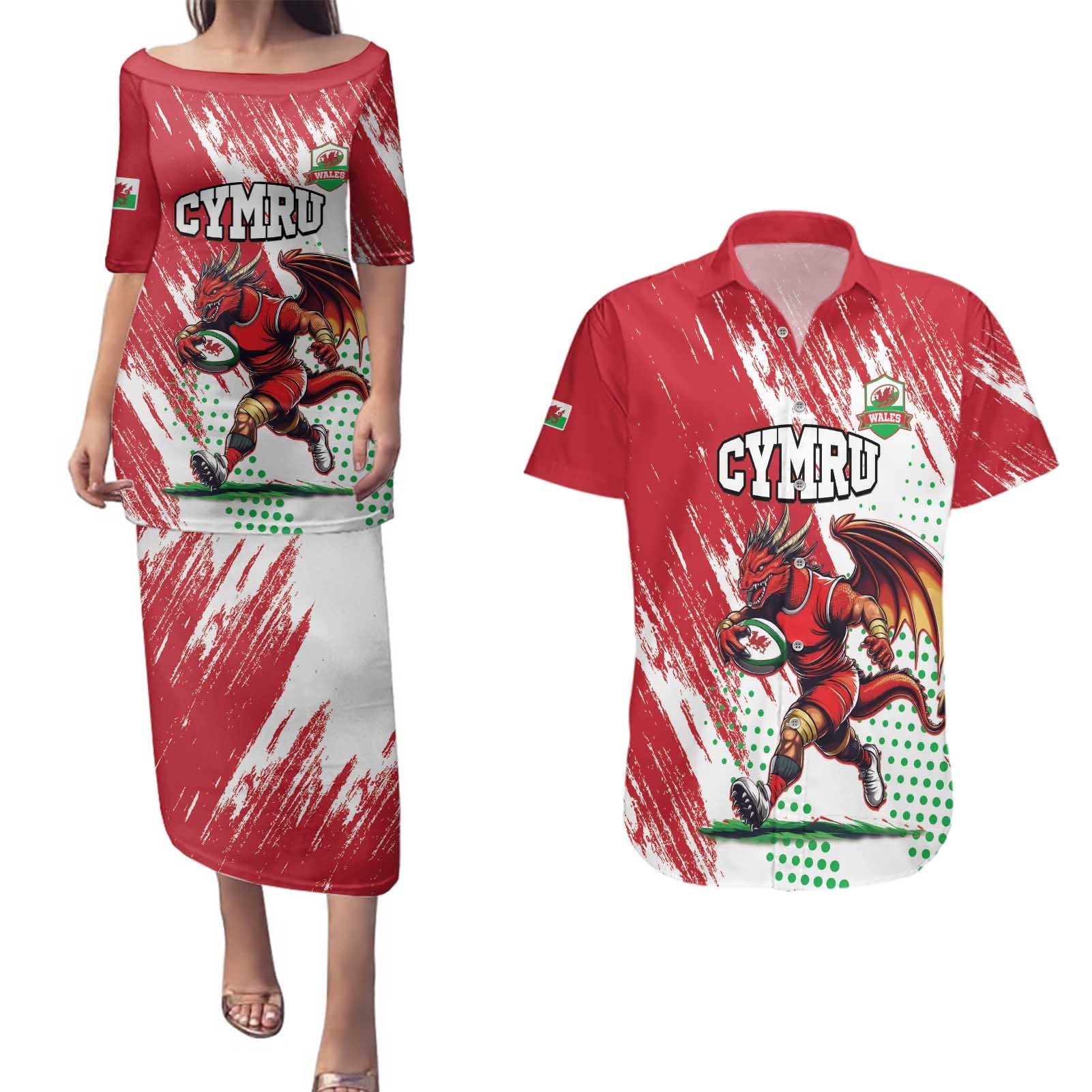 Wales Rugby Custom Couples Matching Puletasi and Hawaiian Shirt Welsh Dragon Mascot - Wonder Print Shop