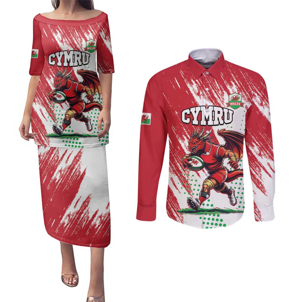 Wales Rugby Custom Couples Matching Puletasi and Long Sleeve Button Shirt Welsh Dragon Mascot - Wonder Print Shop