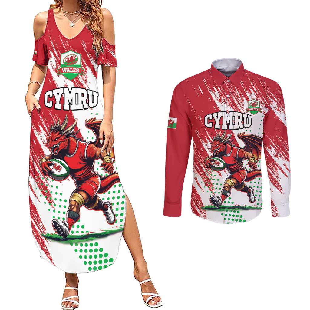 Wales Rugby Custom Couples Matching Summer Maxi Dress and Long Sleeve Button Shirt Welsh Dragon Mascot - Wonder Print Shop