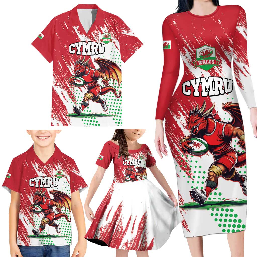 Wales Rugby Custom Family Matching Long Sleeve Bodycon Dress and Hawaiian Shirt Welsh Dragon Mascot - Wonder Print Shop