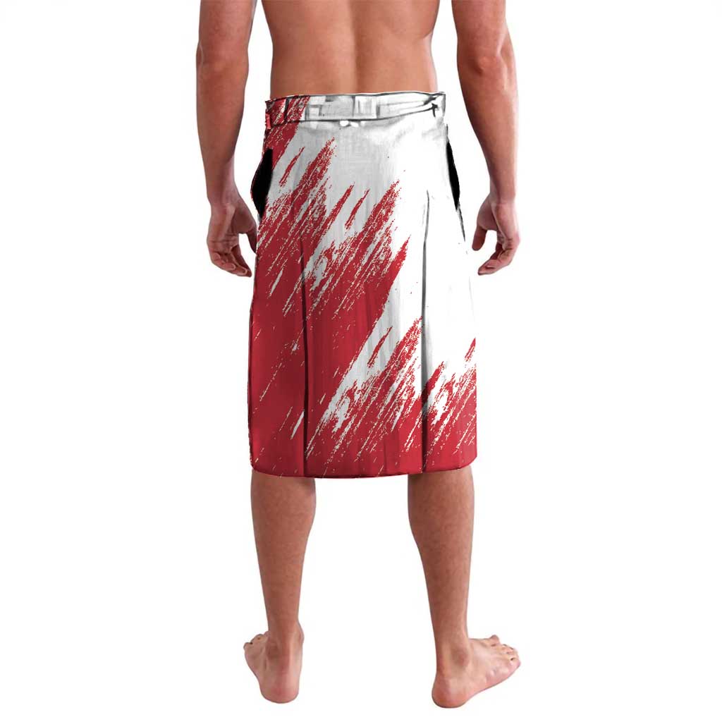 Red and white graphic shorts, back view with elastic waistband and vertical seams
